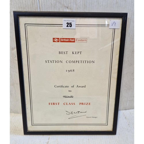 25 - British Rail Best Kept Station Certificate 1968 First Class Midville