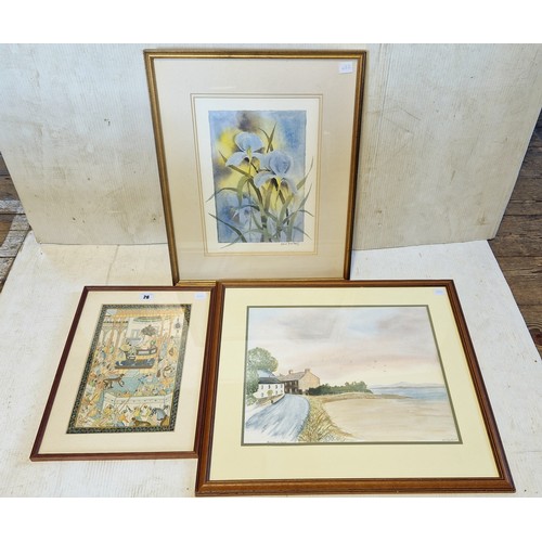 26 - Two modern watercolours and framed Indian print