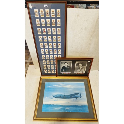 31 - Three framed aviation items incl. framed portraits of Group Capt Leonard Cheshire and Wing Commander... 