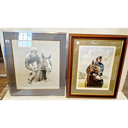 34 - Two prints of Lester Pigott, one by Roy Miller limited edition signed on the mount by the artist