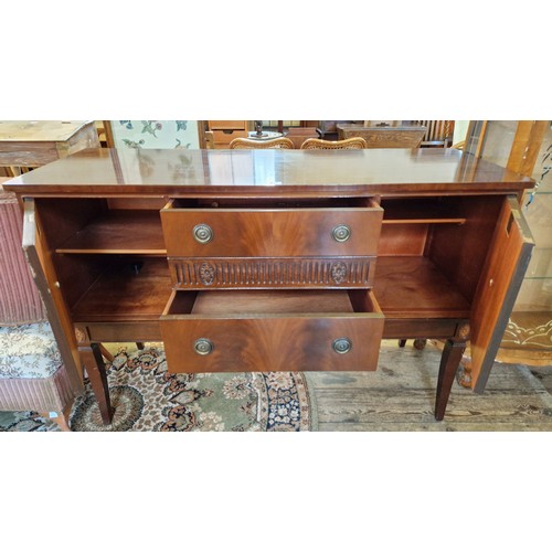 329 - Mid century mahogany straight front sideboard with three central drawers incl. cutlery, flanked by t... 