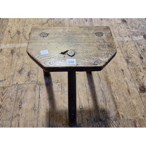 340 - Rustic elm peg jointed three legged stool