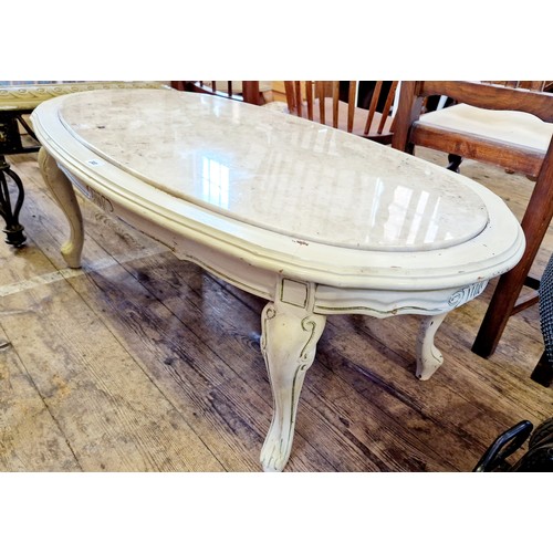 341 - Reproduction oval coffee table with marble inserts on cabriole legs