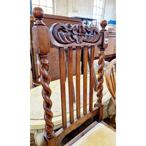 346 - Pair of early 20th century oak framed dining chairs with barley twist supports and pierced floral to... 