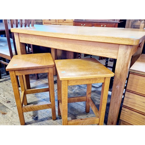 355 - Rectangular elm kitchen table and two matching stools