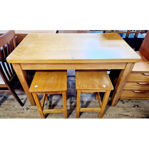 355 - Rectangular elm kitchen table and two matching stools