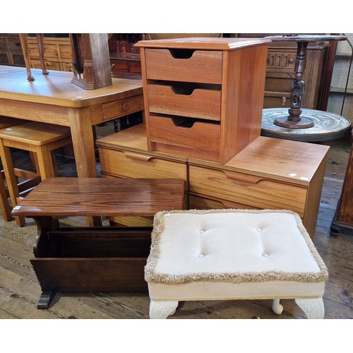 356 - Five various pieces of furniture incl. pair of retro bedside chests of three drawers, magazine stand... 