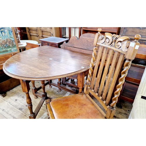 358 - Mid century mahogany oval gate leg occasional table and splat back oak hall chair with barley twist ... 