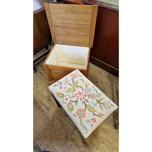 361 - Hardwood lidded box and walnut veneered piano stool with tapestry seat