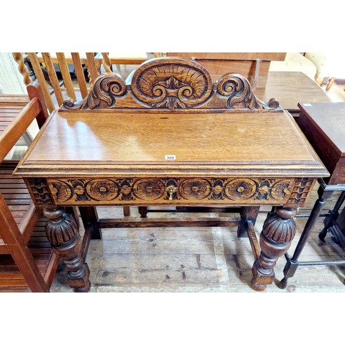 368 - Rectangular oak side table with relief carving and single drawer on turned bulbous legs