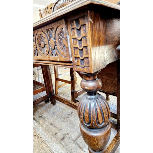 368 - Rectangular oak side table with relief carving and single drawer on turned bulbous legs