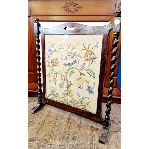 375 - Oak framed tapestry fire screen with barley twist supports