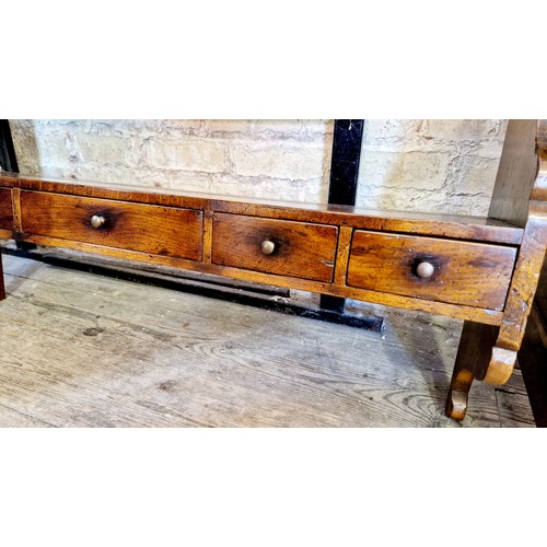 377 - Mahogany wall mounted three tier plate rack with four drawers to the base