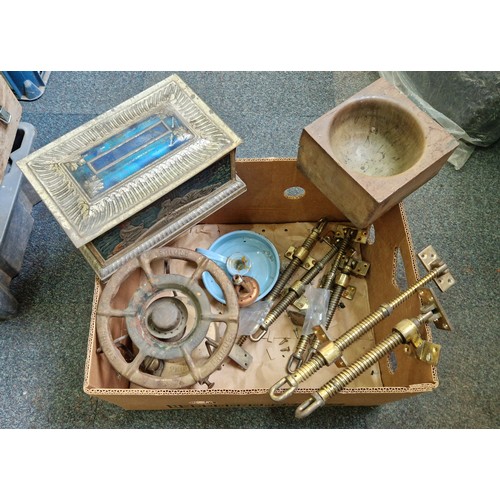 406 - Brass skylight threads, vintage Primus stove, tin, wooden cash bowl etc