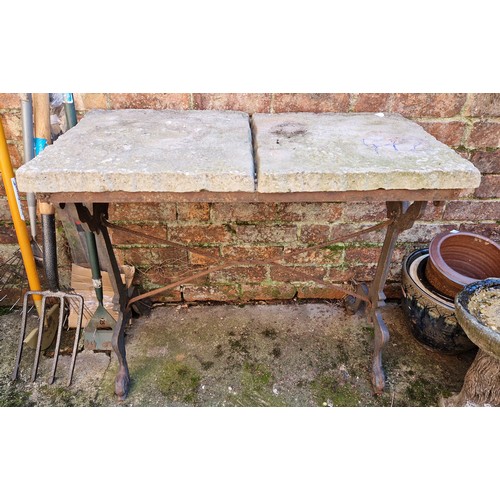 472 - Cast iron table base with simulated stone slab top