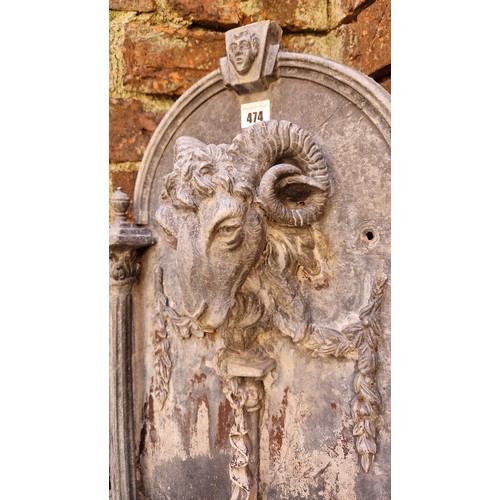 474 - Lead wall mounted rams head garden fountain