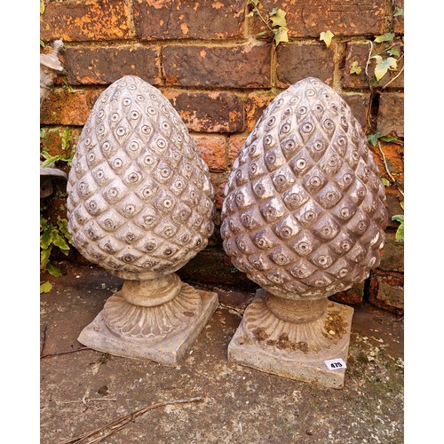 475 - Pair of heavy lead coated fir cone gate post finials