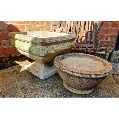 482 - Large square simulated stone pedestal planter and circular planter