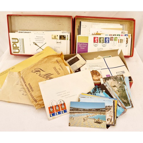 15 - Three boxes of loose World stamps, First Day Covers and Middle Eastern colour postcards
