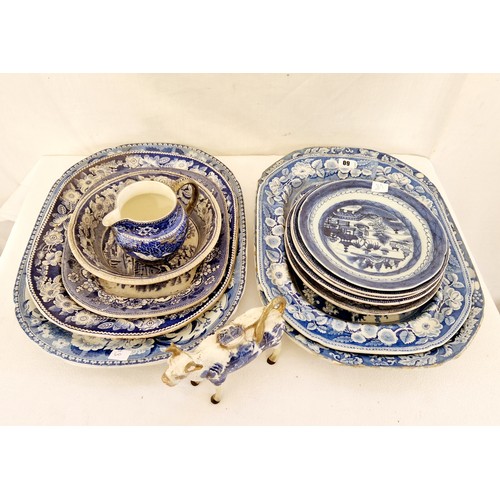 60 - Qty of blue and white ware incl. various meat plates, cow creamer etc