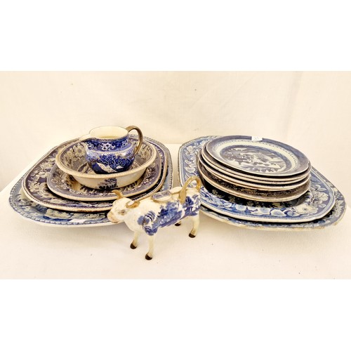 60 - Qty of blue and white ware incl. various meat plates, cow creamer etc