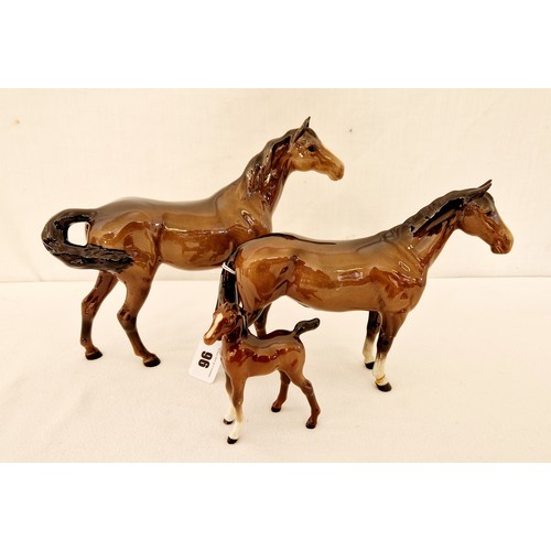 96 - Beswick gloss group of three - stallion, mare (leg repair) and foal