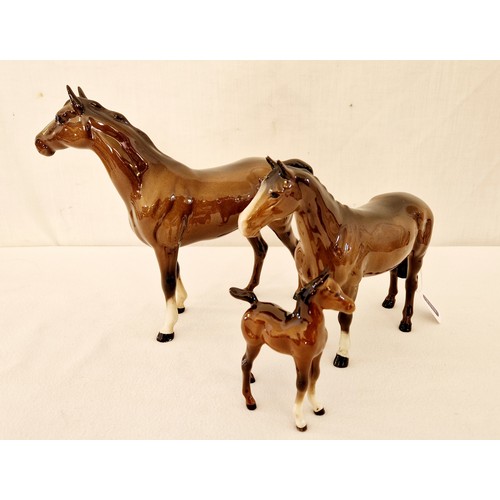 96 - Beswick gloss group of three - stallion, mare (leg repair) and foal