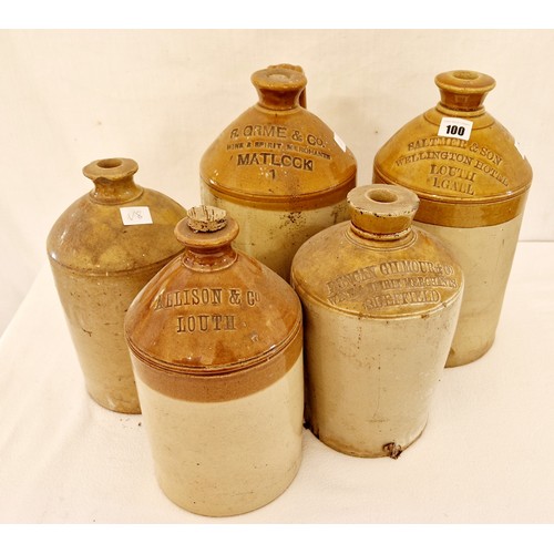 100 - Five stoneware flagons incl. named Saltmer & Sons Louth, Allison & Co Louth and R.Orme Matlock, R Sh... 