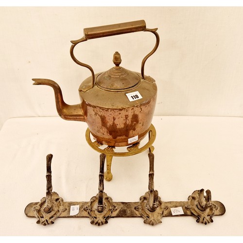 110 - Three pieces of metalware comprising Victorian copper kettle, brass trivet and four branch organic c... 