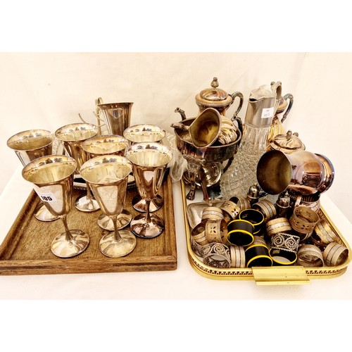 105 - Qty of metal tableware incl. EPNS tea service, trays, claret jug etc