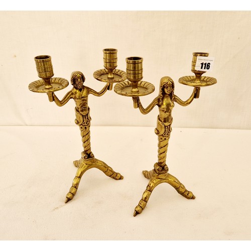 116 - Pair of heavy brass two branch candelabra in the form of mermaids