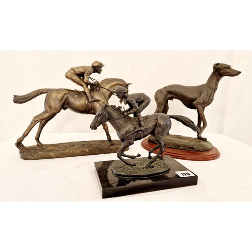 126 - Three modern sculptures comprising Irish bronze Royal Tara greyhound, David Cornell 1985 racing figu... 