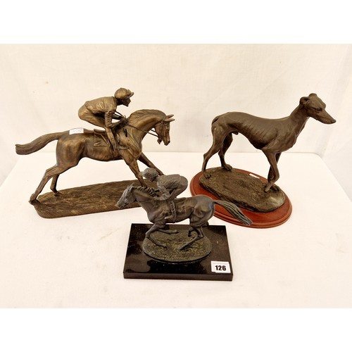 126 - Three modern sculptures comprising Irish bronze Royal Tara greyhound, David Cornell 1985 racing figu... 