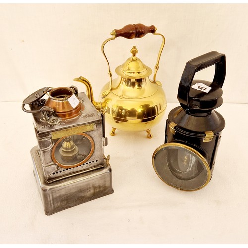 127 - Two vintage railway lanterns and a reproduction brass kettle