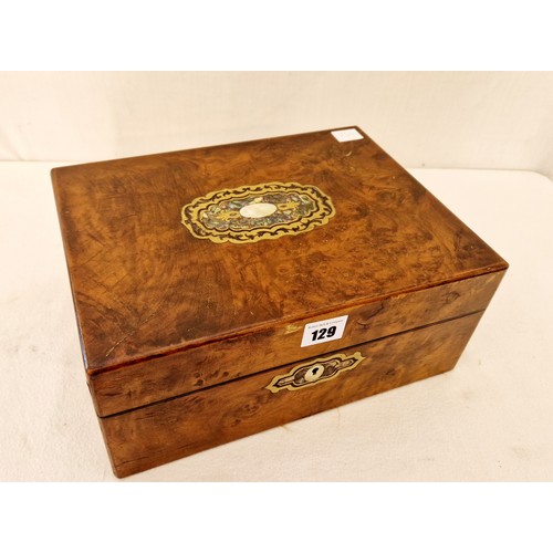 129 - Victorian jewellery box in flame mahogany with velvet lined fitted interior and mother of pearl inla... 