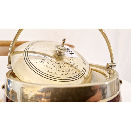 130 - Early 20th century oak and chrome biscuit barrel with Grantham Conservative Club inscription to the ... 