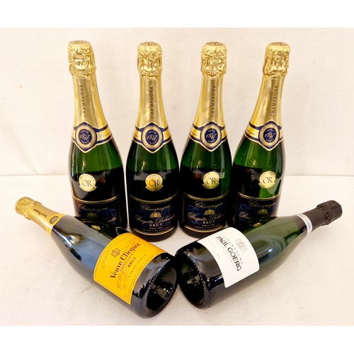 135 - Six bottles of champagne, four Brigitte Delmotte, Veuve Clicquot and Paul Goerg