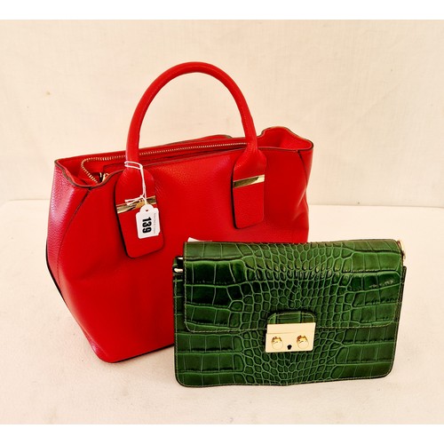 139 - Two ladies bags - Vera Pelle red handbag and green faux crocodile skin evening bag