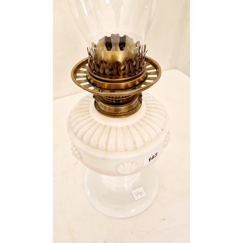 143 - Hinks's Duplex white glass oil lamp with shade (crack to reservoir)