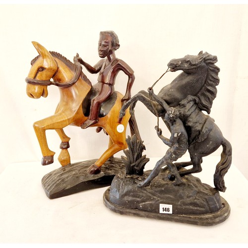 146 - Spelter Marley horse and carved wooden horse figure