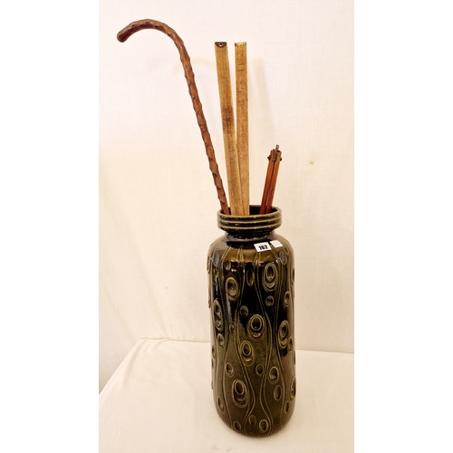 162 - West German pottery vase, blackthorn walking stick, rulers etc
