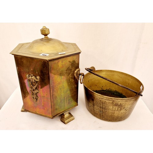 166 - Edwardian brass hexagonal coal box and Victorian brass jam pan with iron handle
