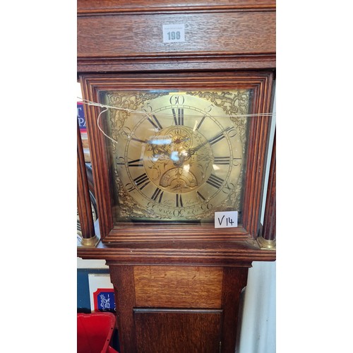 198 - Oak longcase clock with 30 hour movement and brass face by George Hewitt