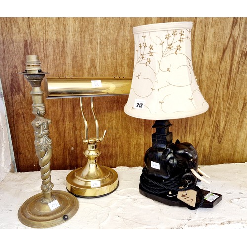 213 - Three various table lamps incl. ebonised elephant base, brass desk lamp etc