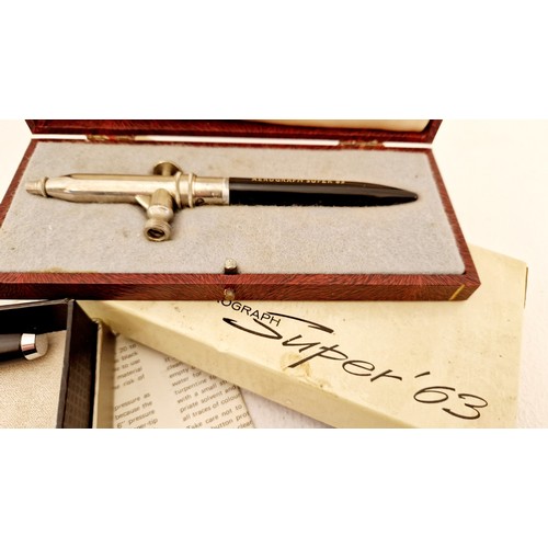 277 - Cased Aerograph 'Super 63' airbrush and three fountain pens incl. a Watermans vintage lever fill