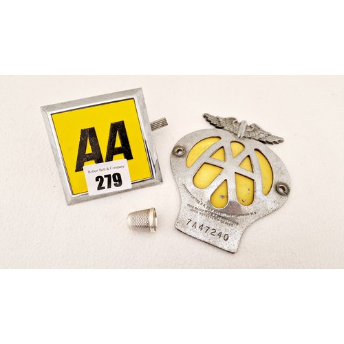 279 - Vintage AA badge no. 7A47240, a later AA badge and sterling silver thimble