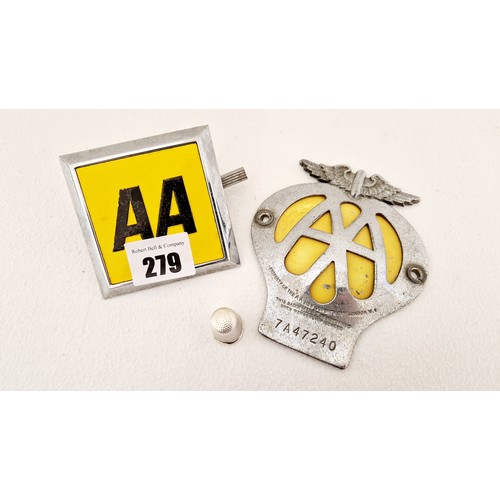 279 - Vintage AA badge no. 7A47240, a later AA badge and sterling silver thimble