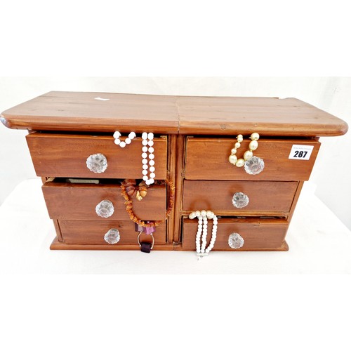 287 - Wooden six drawer jewellery chest and qty of costume jewellery