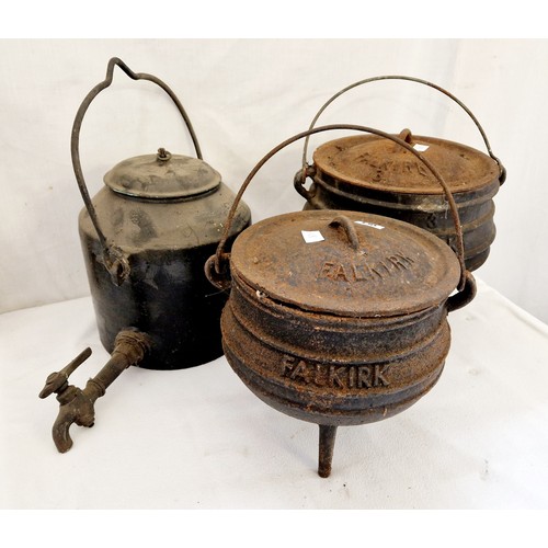 164 - Two cast iron lidded pots, Falkirk no. 2 and 3 and a Swain cast iron 2 gallon water boiler