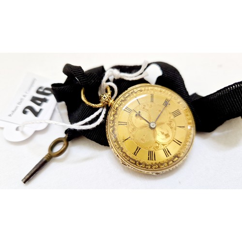 246 - London 18ct gold cased ladies pocket watch with engraved dial